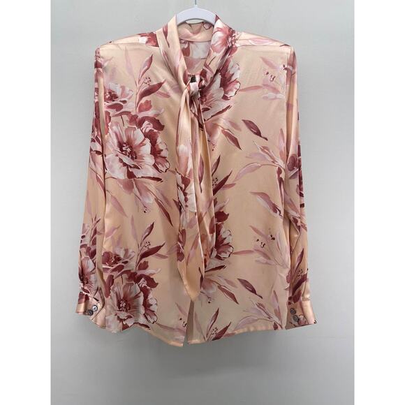 Vintage 90s Doncaster Peach Pink Mave Silk Tie‎ Neck Silk Blouse w/Shoulder Pads - Picture 1 of 2